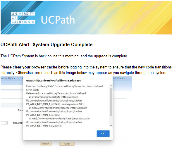 Image of UCPath message that the system is back online